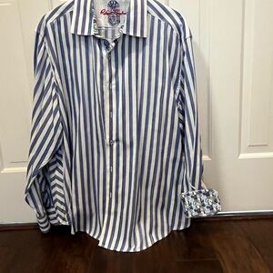 Robert Graham Blue White Striped Button Down Shirt Contrast Cuff